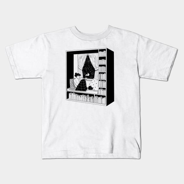 Reading at the window Kids T-Shirt by Jen